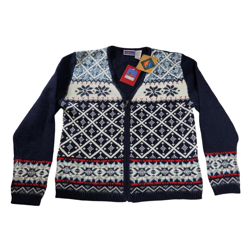 VTG North Crest Womens Fair Isle‎ Zip Up Cardigan Sweater Blue Snowflake Print L